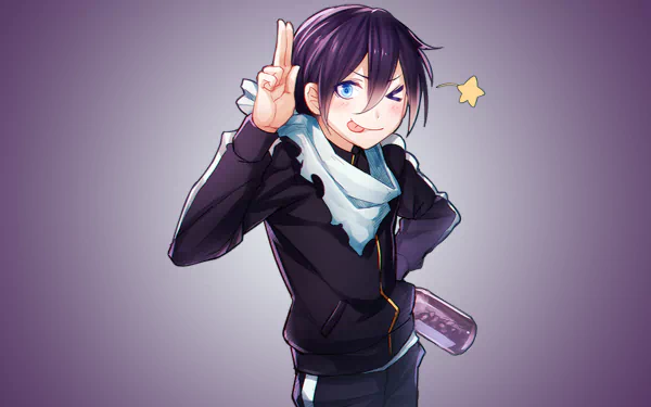 HD desktop wallpaper featuring Yato from Noragami, depicted with a playful expression and signature outfit, set against a gradient background.