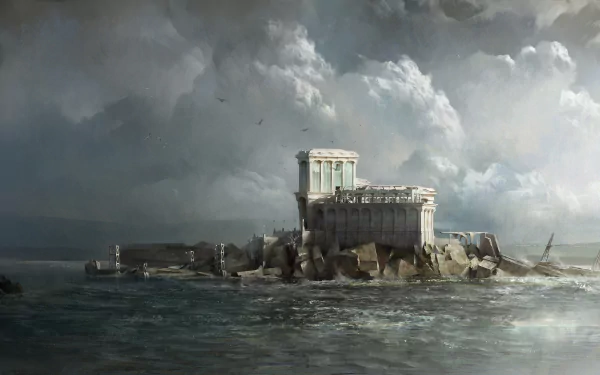 A dramatic 4K Ultra HD PC desktop wallpaper from the video game Dishonored 2, featuring a stormy sea with a solitary ancient fortress on rocky cliffs under a cloudy sky.