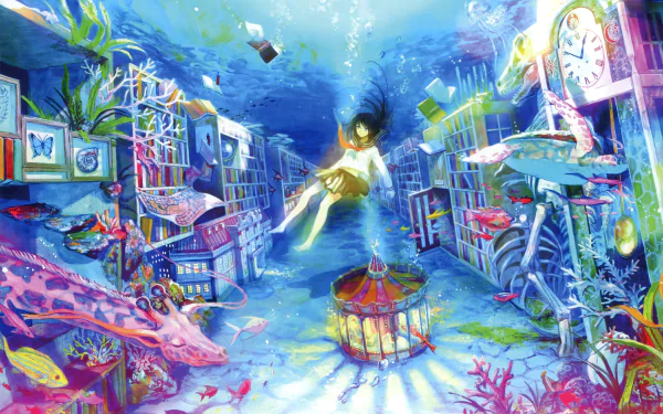 Anime underwater 2K Quad HD PC desktop wallpaper: a girl drifting through a submerged library amid colorful fish, coral, floating books, clocks and a birdcage.