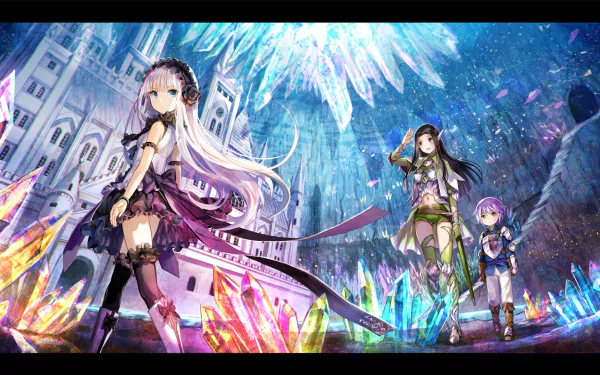 HD anime desktop wallpaper from She Professed Herself Pupil of the Wise Man, featuring three characters in a crystal-filled fantasy setting with a grand castle backdrop.