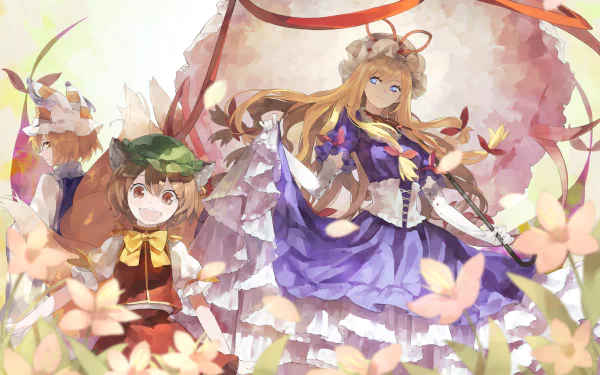 HD anime desktop wallpaper featuring Ran Yakumo, Yukari Yakumo, and Chen from the Touhou series surrounded by soft floral elements and light pastel colors.
