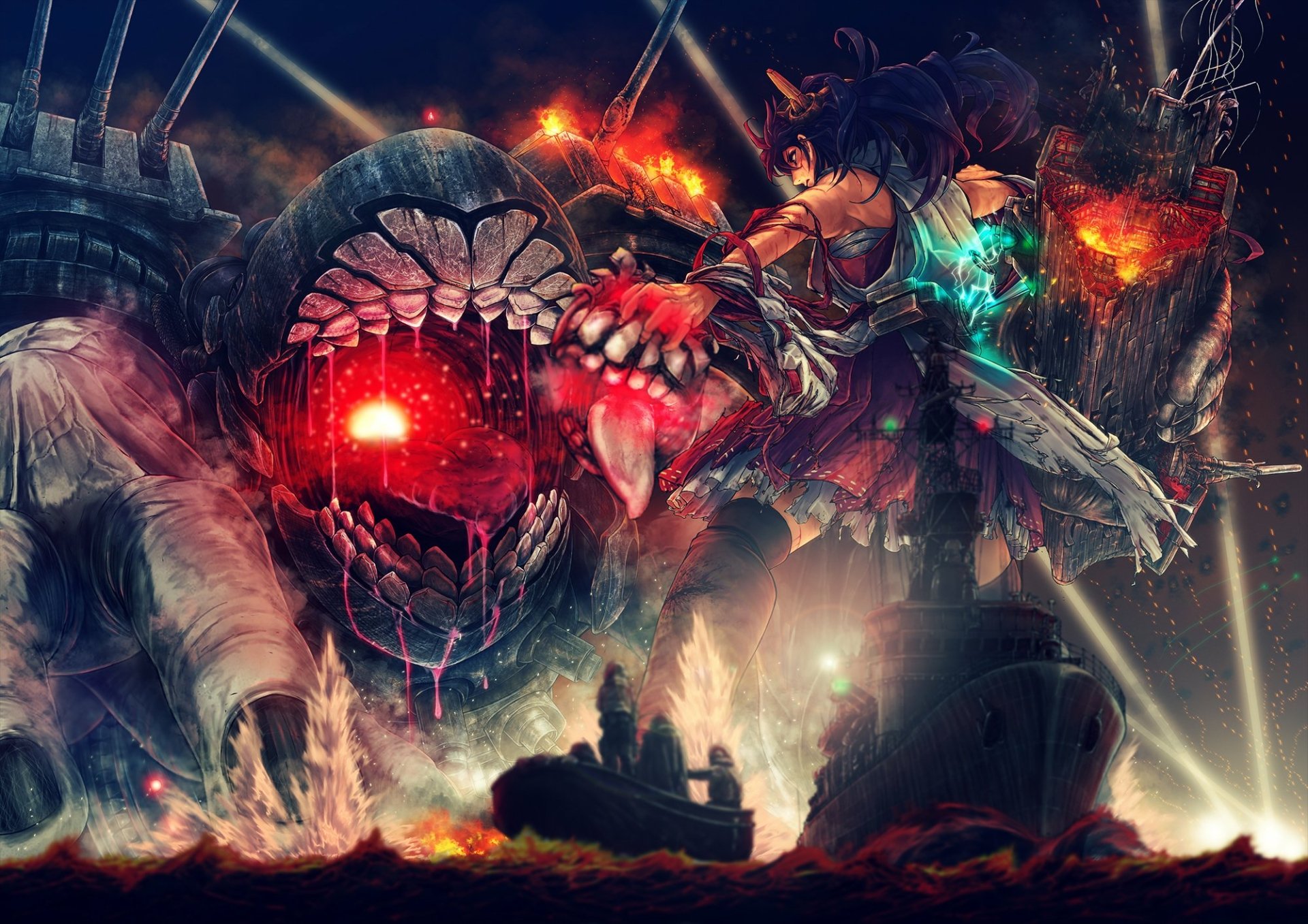 HD anime desktop wallpaper featuring an intense battle scene from Kantai Collection with fiery explosions and a giant mechanical creature.