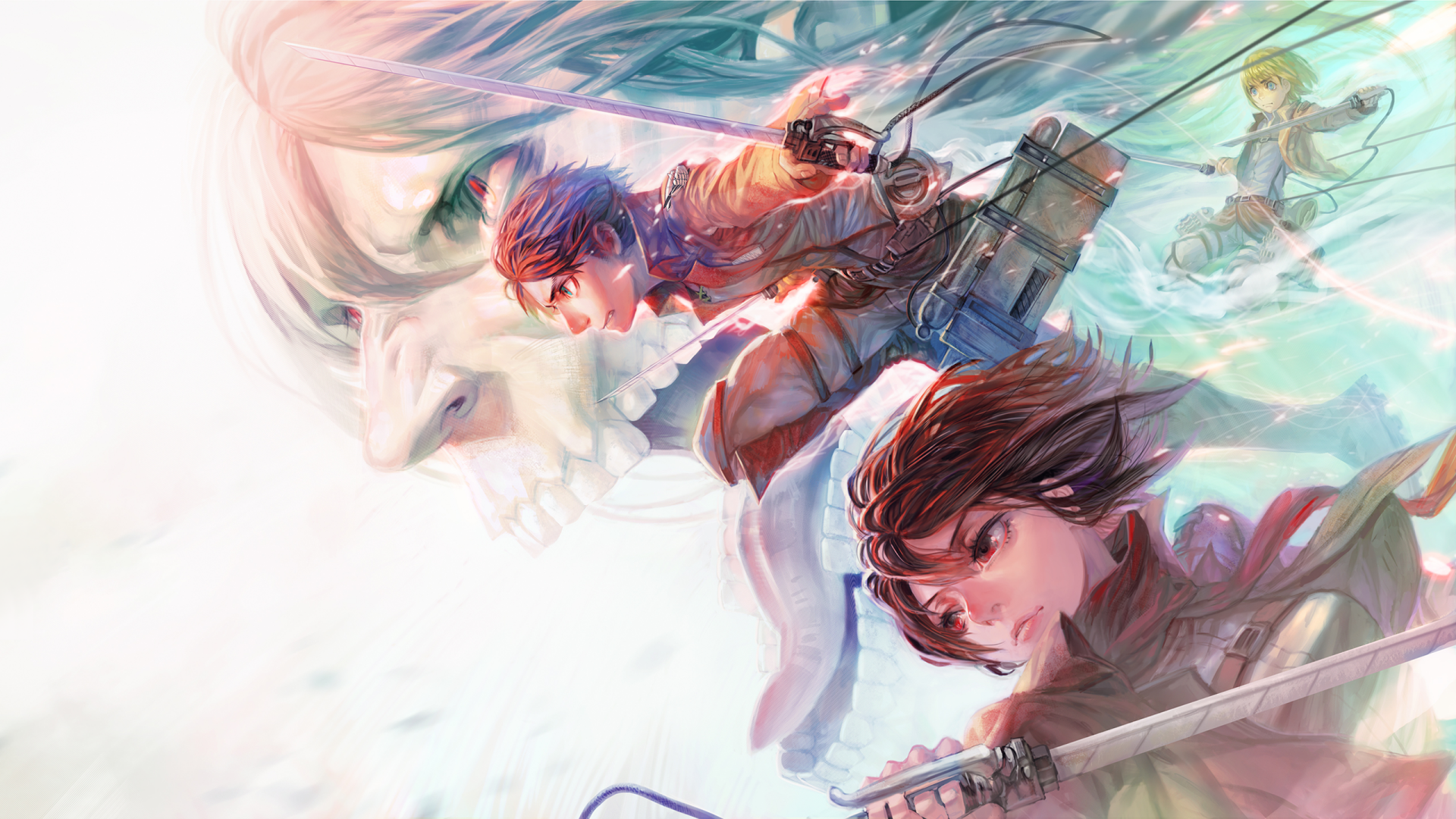 HD wallpaper featuring characters Armin Arlert, Eren Yeager, and Mikasa Ackerman from Attack on Titan. The trio is depicted in dynamic action poses with a faint colossal face in the background.
