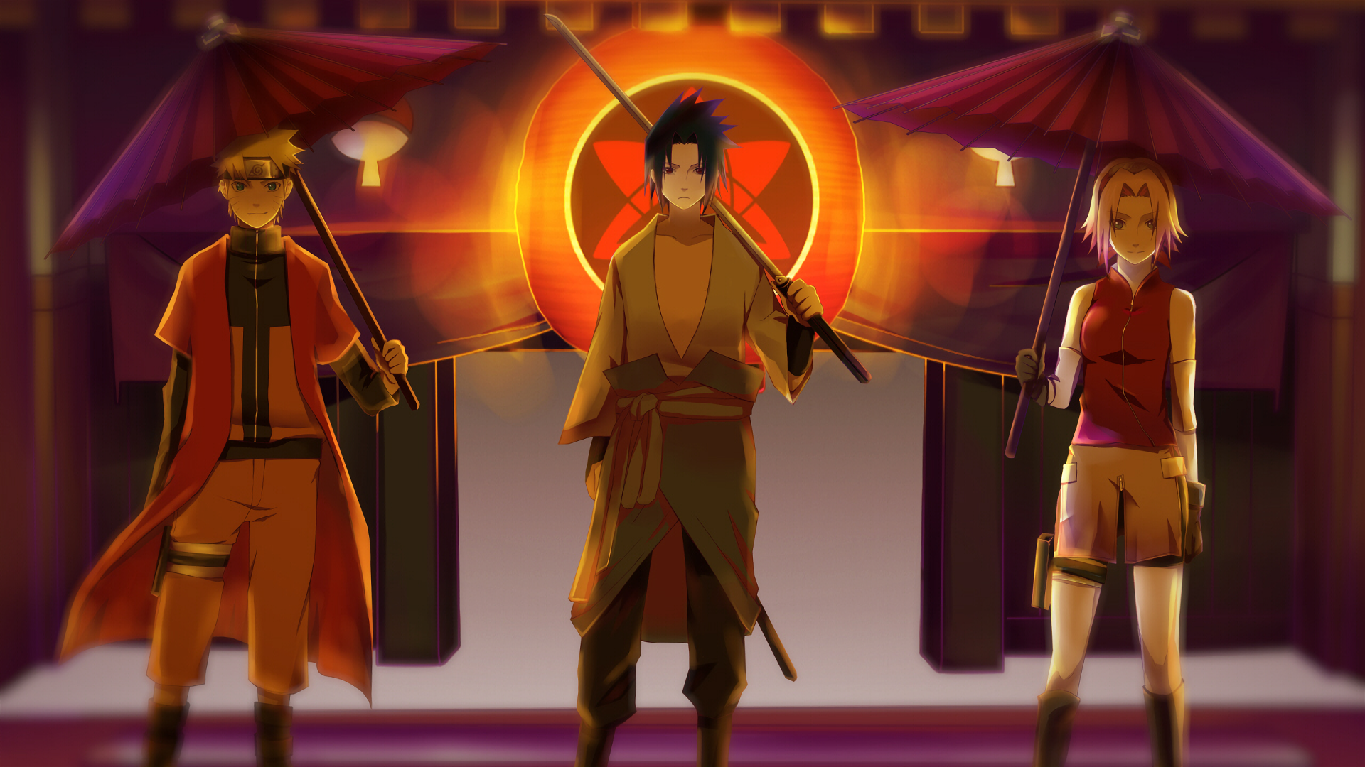 HD wallpaper featuring Naruto Uzumaki, Sasuke Uchiha, and Sakura Haruno, each holding an umbrella against a vibrant Sharingan backdrop from the anime Naruto.