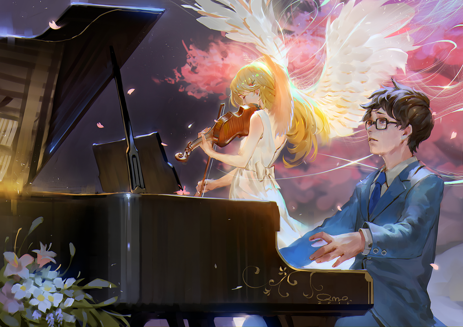 A vibrant HD wallpaper featuring Kousei Arima and Kaori Miyazono from the anime Your Lie in April, capturing their musical bond with angelic visuals and a piano backdrop.