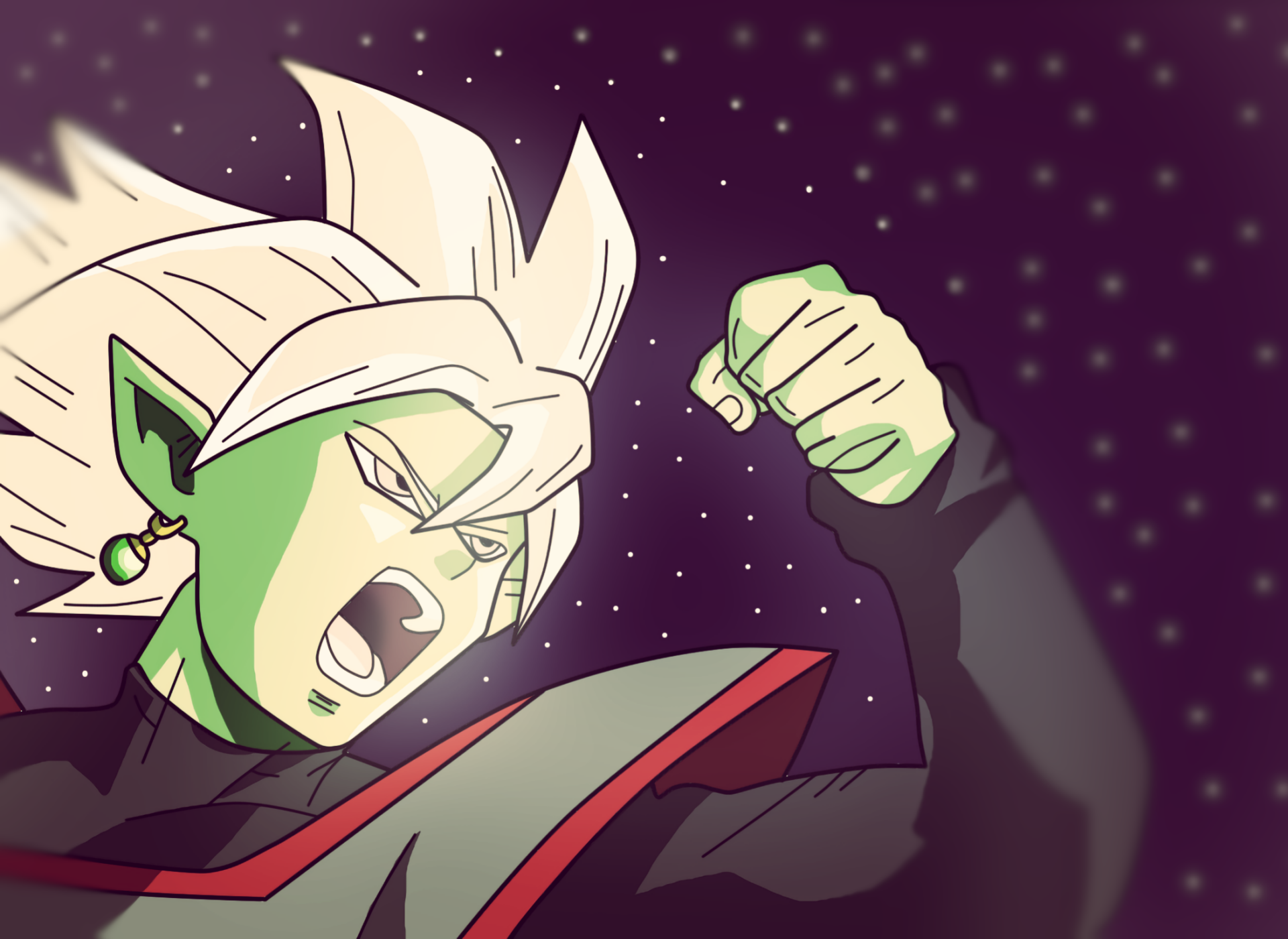 An HD wallpaper featuring Zamasu from Dragon Ball Super, depicted with a fierce expression and raised fist against a cosmic background, capturing the essence of anime action.