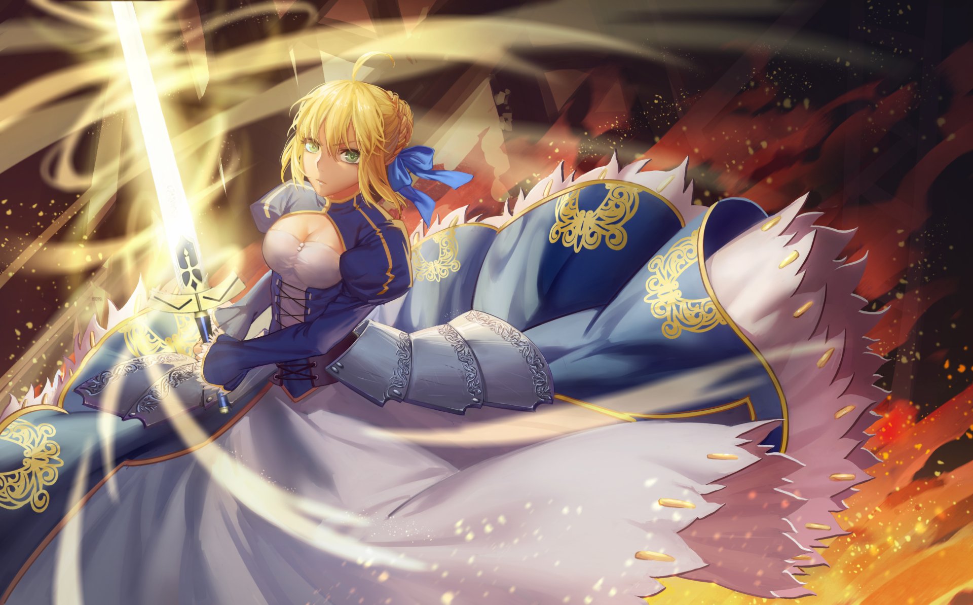 HD PC desktop wallpaper featuring Saber from the Fate Series in dynamic armor, wielding a glowing sword amid fiery and swirling magical effects, inspired by Fate/Stay Night anime.