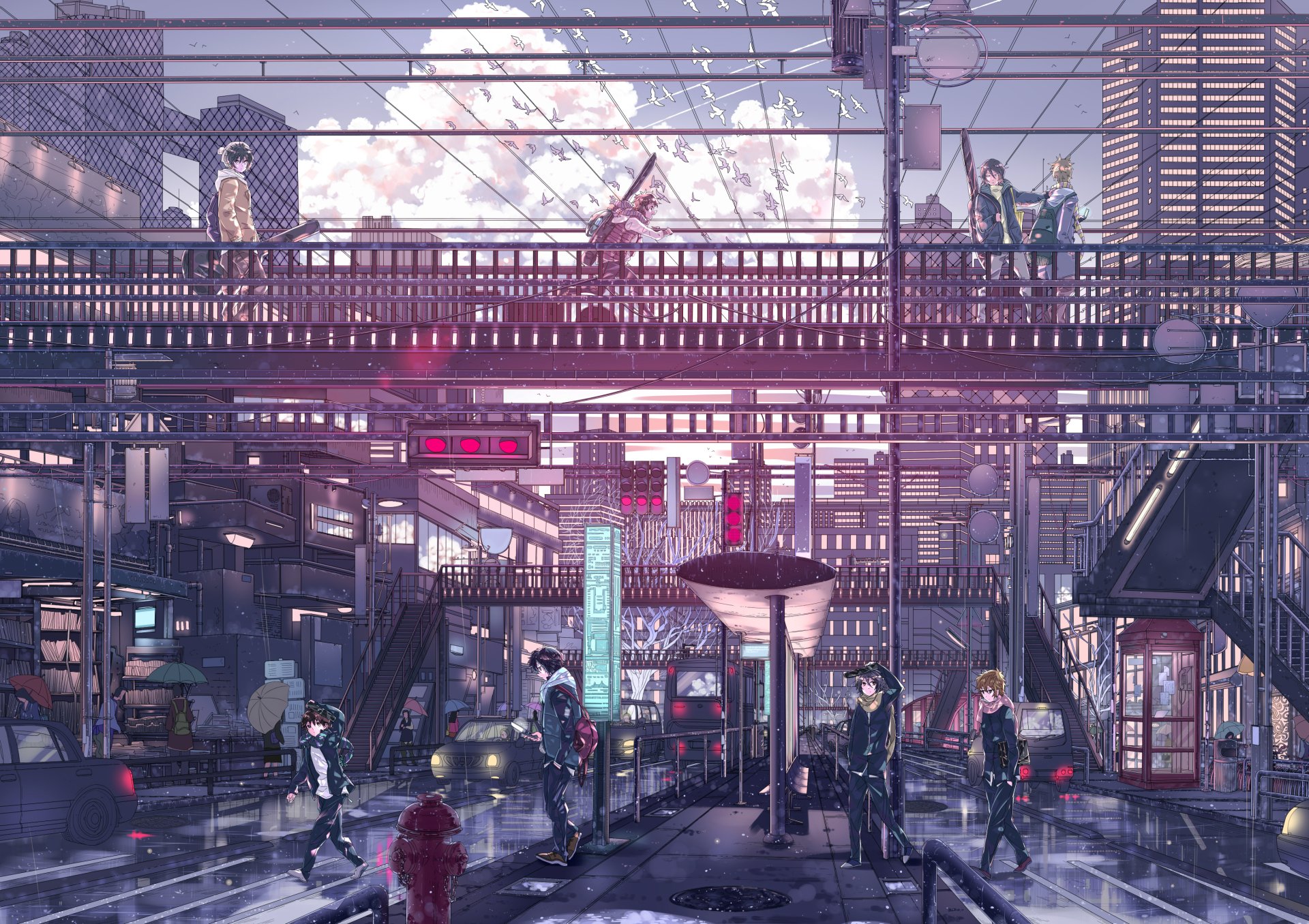 HD anime cityscape wallpaper featuring a detailed urban scene with characters on a bridge, intricate architecture, and a vibrant, futuristic atmosphere.