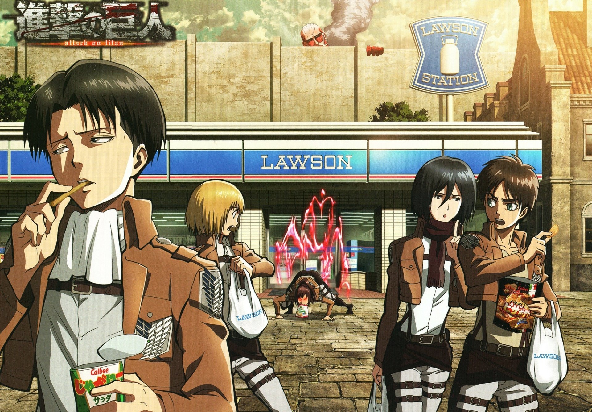 Anime characters Armin Arlert, Sasha Blouse, Levi Ackerman, Eren Yeager, and Mikasa Ackerman gather outside a Lawson store, creating a vibrant scene from Attack on Titan.