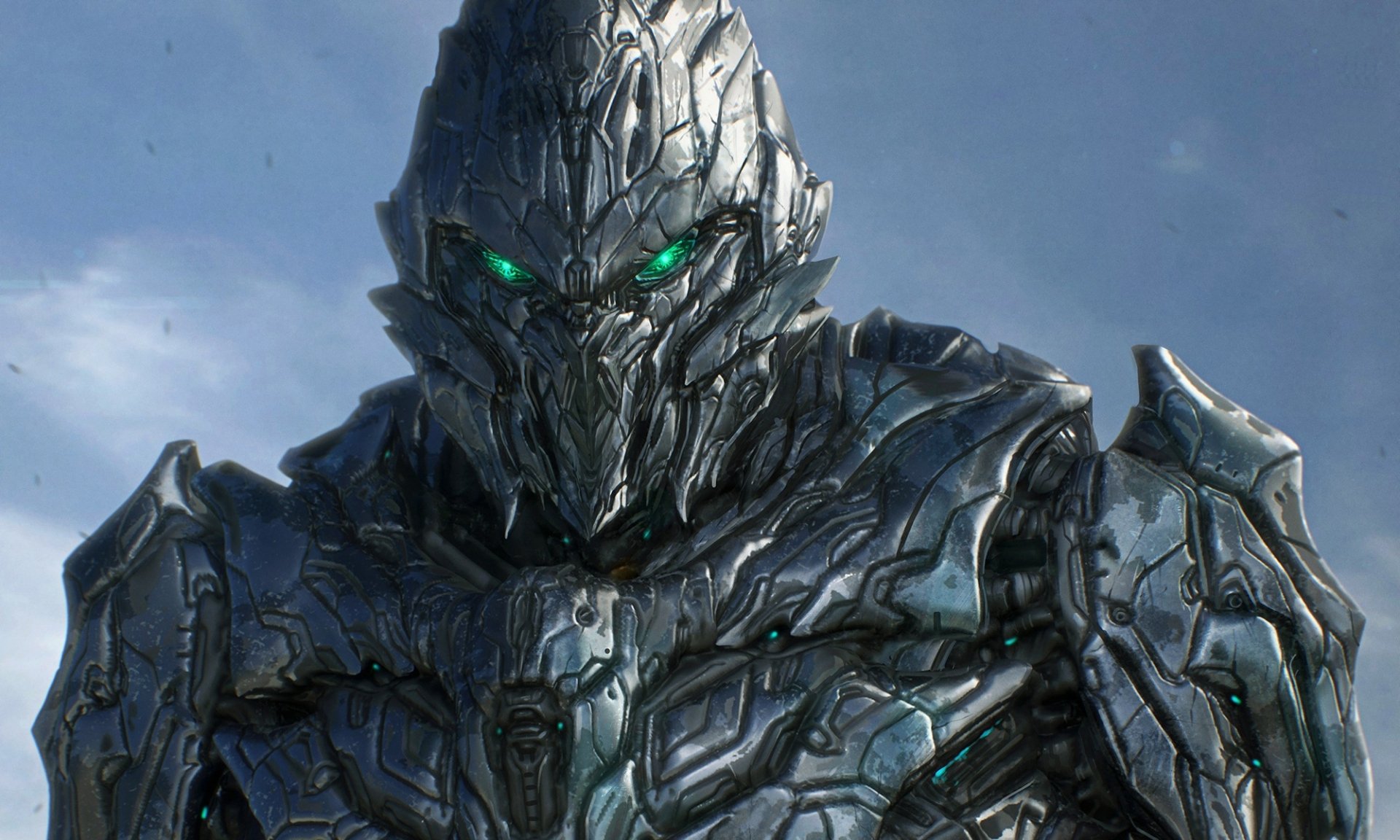A towering sci-fi robot with a sleek metallic design and glowing green eyes stands against a dramatic sky, serving as a striking HD PC desktop wallpaper and background.