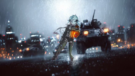 HD PC desktop wallpaper featuring an anime-style character from Sword Art Online II standing in rain with an armored vehicle and city lights blurred in the background.