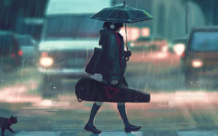 An anime girl with an umbrella and carrying a musical instrument case walks in the rain, with a cat nearby. The street scene is beautifully rendered in HD, making it a striking desktop wallpaper and background.