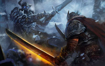 A fierce fantasy warrior clad in armor battles a towering undead warrior wielding a sword in a dark, intense HD fantasy war scene.