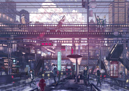HD anime cityscape wallpaper featuring a detailed urban scene with characters on a bridge, intricate architecture, and a vibrant, futuristic atmosphere.