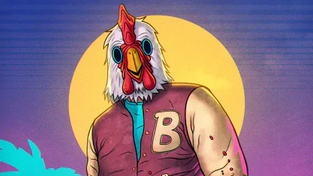 HD PC desktop wallpaper of the video game Hotline Miami 2: Wrong Number — muscular figure in a rooster mask wearing a B letterman jacket against a neon sunset.