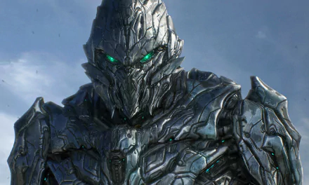 A towering sci-fi robot with a sleek metallic design and glowing green eyes stands against a dramatic sky, serving as a striking HD PC desktop wallpaper and background.