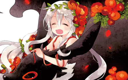 Anime HD PC desktop wallpaper from Urara Meirochō featuring a joyful character with white hair surrounded by red flowers and a large black rabbit.