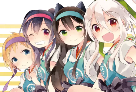 A vibrant HD desktop wallpaper featuring characters from Urara Meirochō, showcasing four cheerful girls with diverse hairstyles and colorful outfits, radiating a playful and joyful atmosphere.
