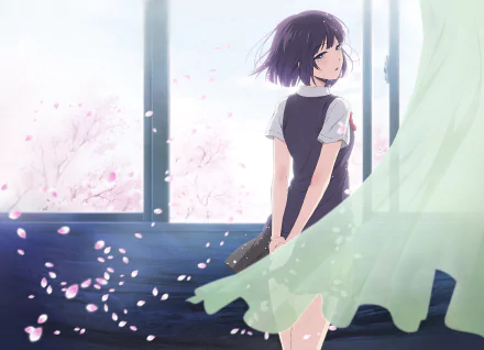 HD desktop wallpaper featuring Hanabi Yasuraoka from the anime Kuzu no Honkai. Hanabi stands near a window, holding a book, surrounded by falling cherry blossoms and a flowing curtain.