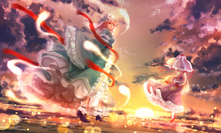 HD PC desktop wallpaper featuring Touhou characters Yukari Yakumo and Yuyuko Saigyouji in a vibrant, magical sunset scene.