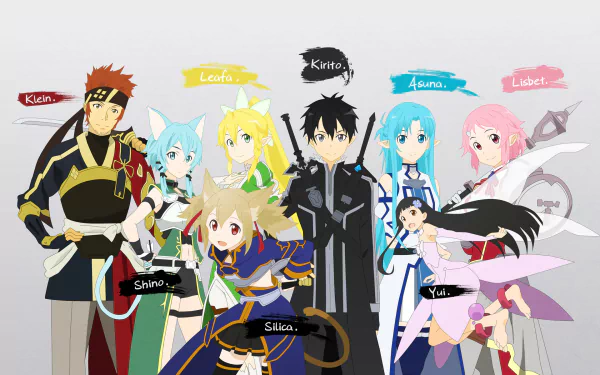 Colorful HD wallpaper featuring characters from Sword Art Online II, showcasing key figures in dynamic poses against a simple background. Names highlighted above each character.