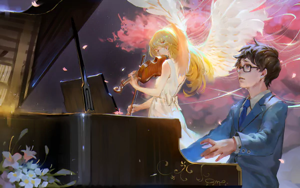 A vibrant HD wallpaper featuring Kousei Arima and Kaori Miyazono from the anime Your Lie in April, capturing their musical bond with angelic visuals and a piano backdrop.