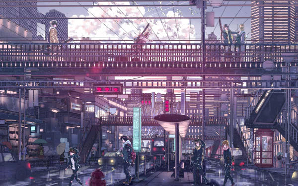 HD anime cityscape wallpaper featuring a detailed urban scene with characters on a bridge, intricate architecture, and a vibrant, futuristic atmosphere.