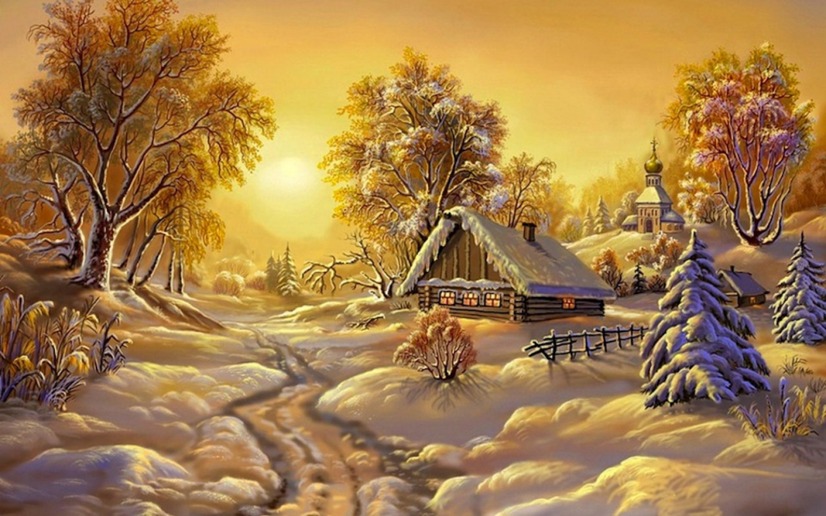 Download Tree House Snow Winter Artistic Painting Wallpaper