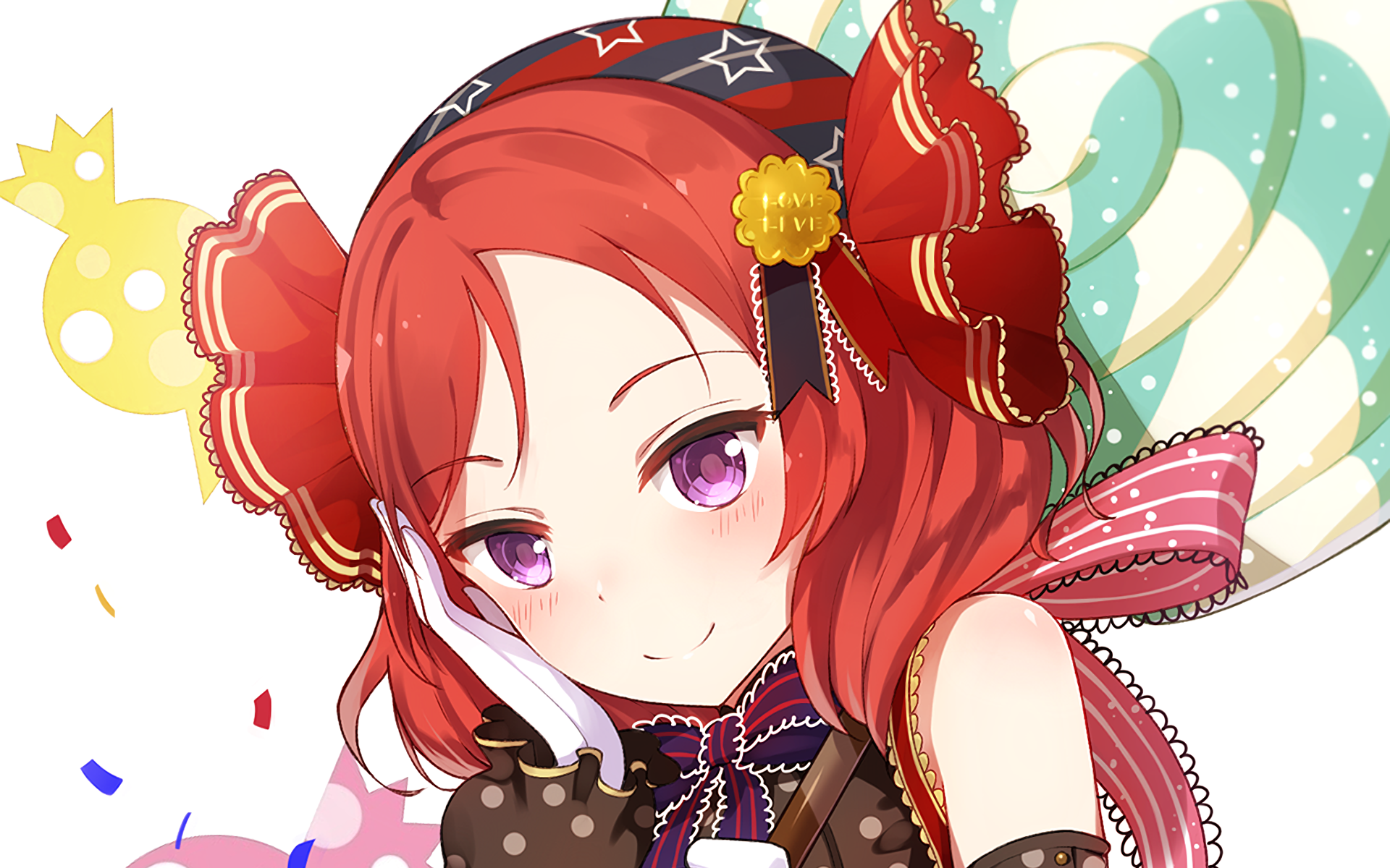 HD PC desktop wallpaper featuring Maki Nishikino from the anime Love Live!, showcasing her with vibrant red hair and a detailed, festive outfit.