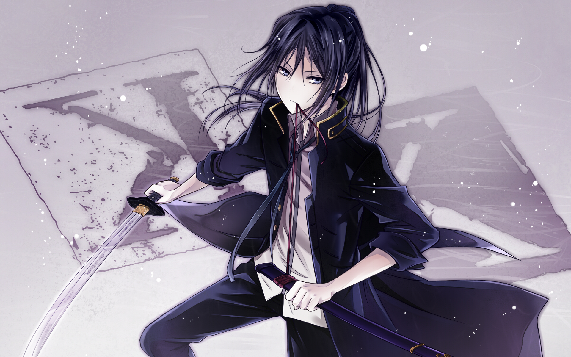 HD anime wallpaper featuring a dark-haired character from K Project wielding a sword, set against a muted background with dynamic motion effects.