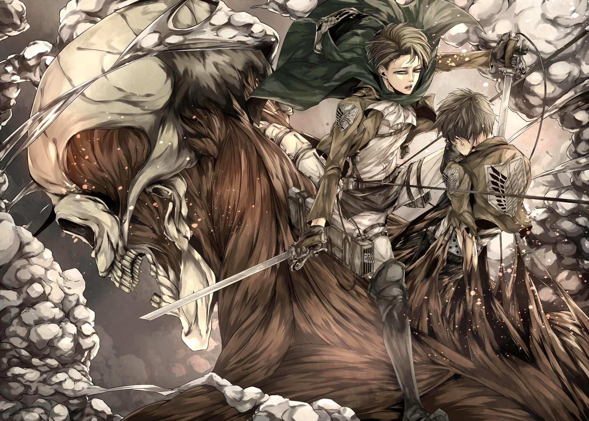 HD anime desktop wallpaper featuring Attack on Titan characters Eren Yeager and Levi Ackerman in dynamic battle poses with intense, detailed shading and action-packed composition.