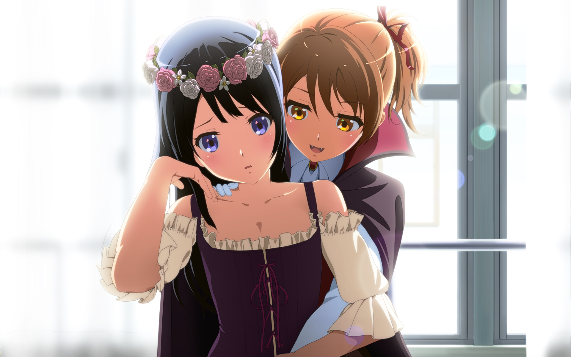 HD PC desktop wallpaper/background from Sound! Euphonium: two girls by a sunlit window, one placing a flower crown on the other's head while they share a tender embrace.