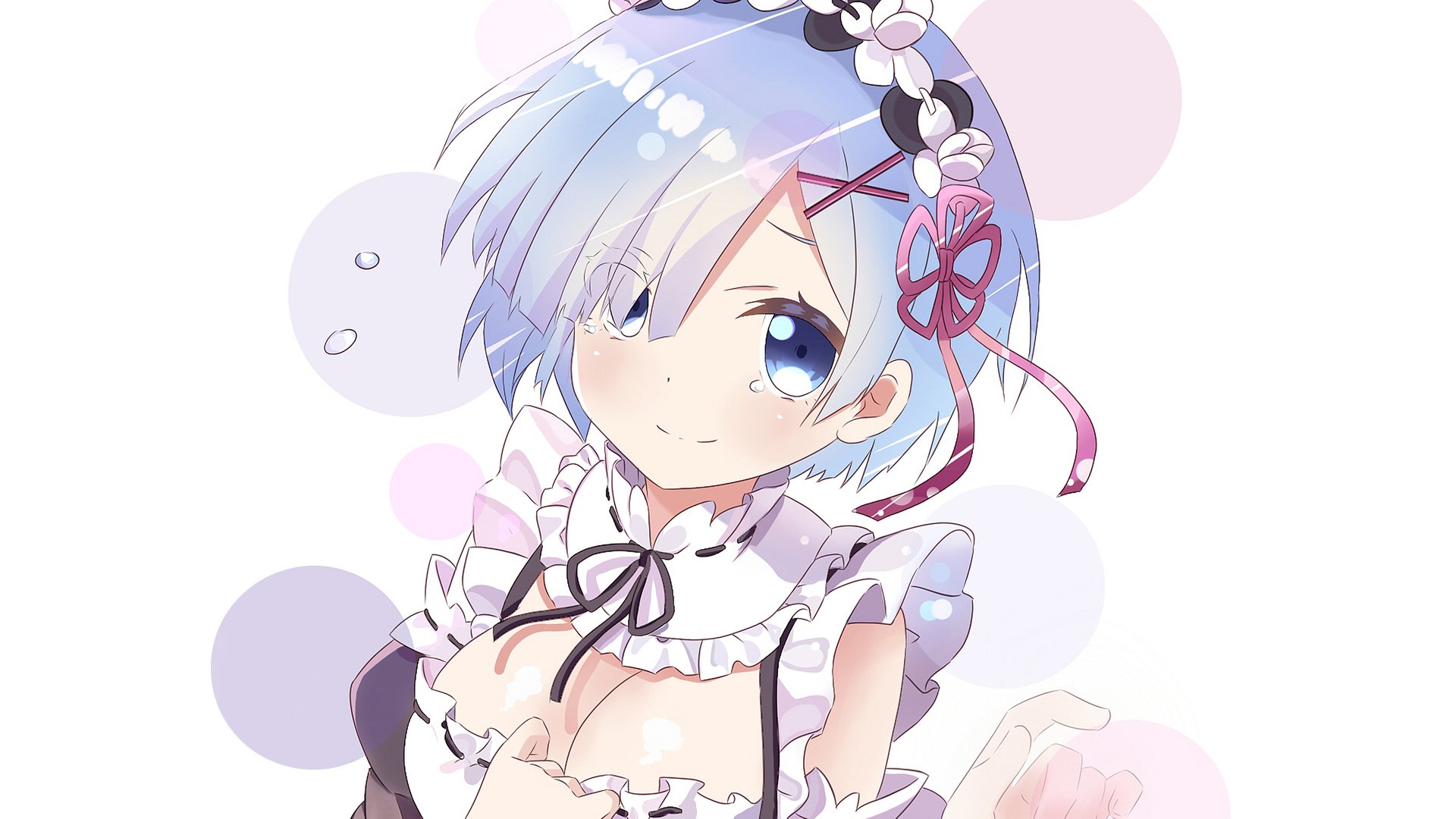 HD wallpaper featuring Rem from Re:ZERO - Starting Life in Another World, showcasing her signature blue hair and maid attire, set against a soft, colorful background.