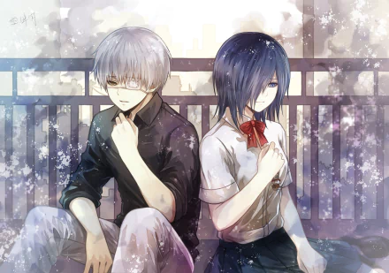 HD desktop wallpaper featuring Ken Kaneki with short white hair, eye patch, and black shirt, and Touka Kirishima with blue hair, blue eyes, and a white shirt with a red bow, from the anime Tokyo Ghoul.
