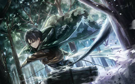 A dynamic HD wallpaper featuring Levi Ackerman from the anime Attack on Titan, showcasing him in an action-packed forest scene, ready for battle.