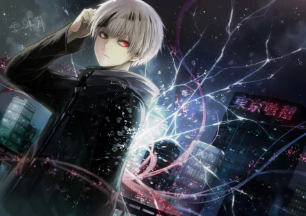 HD desktop wallpaper featuring Ken Kaneki from Tokyo Ghoul, with red eyes and white hair, in an anime-style cityscape at night.