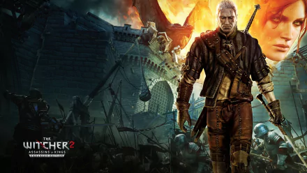 HD PC desktop wallpaper featuring Geralt of Rivia from the video game The Witcher 2: Assassins of Kings, standing in front of a burning castle with an intense battlefield backdrop.