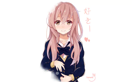 HD desktop wallpaper featuring Shouko Nishimiya from the anime A Silent Voice, with Japanese text and heart symbols beside her. She has pink hair and is wearing a school uniform, smiling softly.