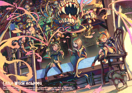 HD anime desktop wallpaper featuring Lotte Yanson, Sucy Manbavaran, and Atsuko Kagari from Little Witch Academia in a vibrant, magical scene.