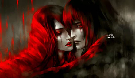 Artistic HD digital painting of a couple with red eyes and tears, enveloped in flowing red hues symbolizing intense love and emotion, set against a dark background.