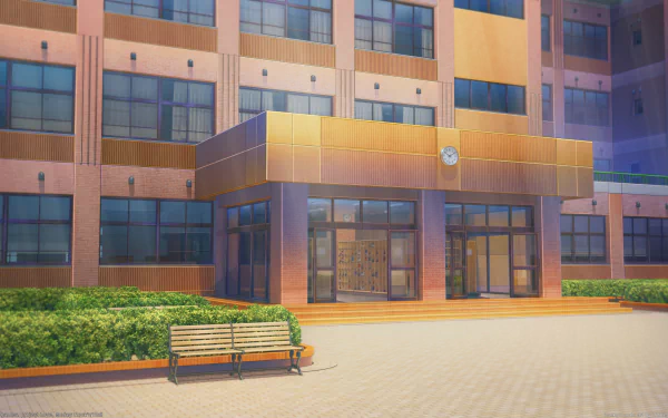 HD PC desktop wallpaper of an anime-style video game school entrance with a lone bench and warm light, evoking Love, Money and Rock'n'Roll vibes.