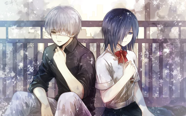 HD desktop wallpaper featuring Ken Kaneki with short white hair, eye patch, and black shirt, and Touka Kirishima with blue hair, blue eyes, and a white shirt with a red bow, from the anime Tokyo Ghoul.