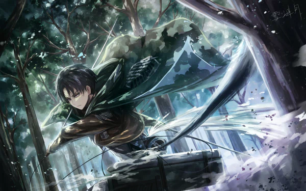 A dynamic HD wallpaper featuring Levi Ackerman from the anime Attack on Titan, showcasing him in an action-packed forest scene, ready for battle.