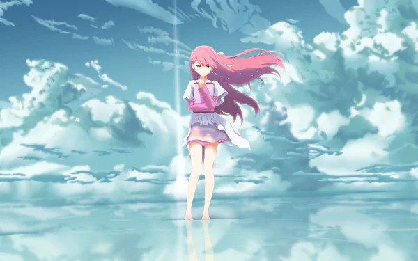 HD anime desktop wallpaper featuring Rin from Shelter, standing on reflective water with a dreamy sky filled with clouds in the background.