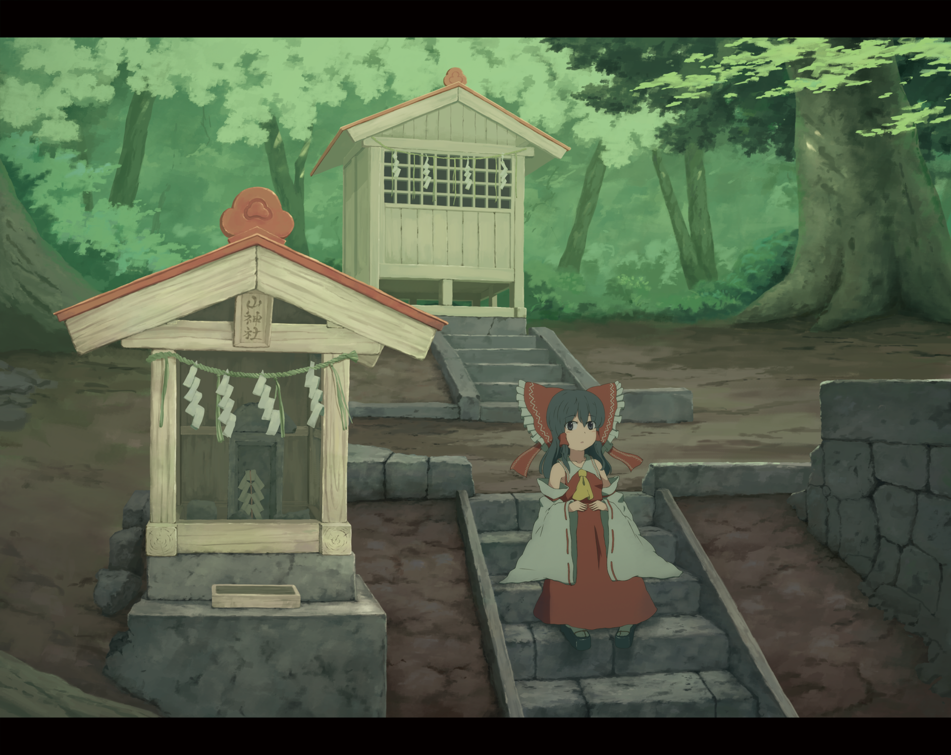 Anime-style HD desktop wallpaper featuring Reimu Hakurei from Touhou standing on stone steps in a serene forest shrine setting.
