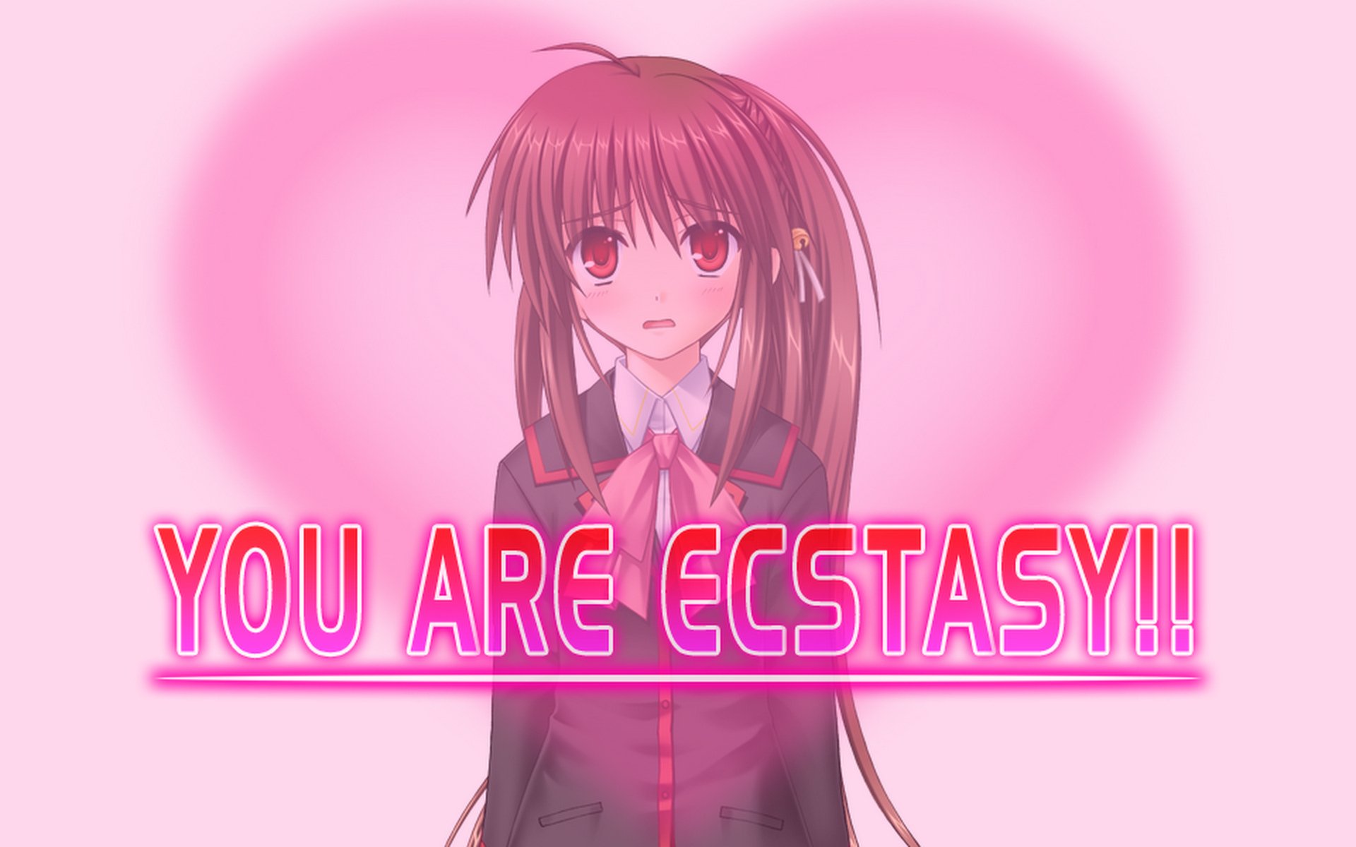 HD Anime desktop wallpaper featuring a Little Busters! character with red hair and eyes, set against a pink background with a heart and vibrant YOU ARE ECSTASY!! text.