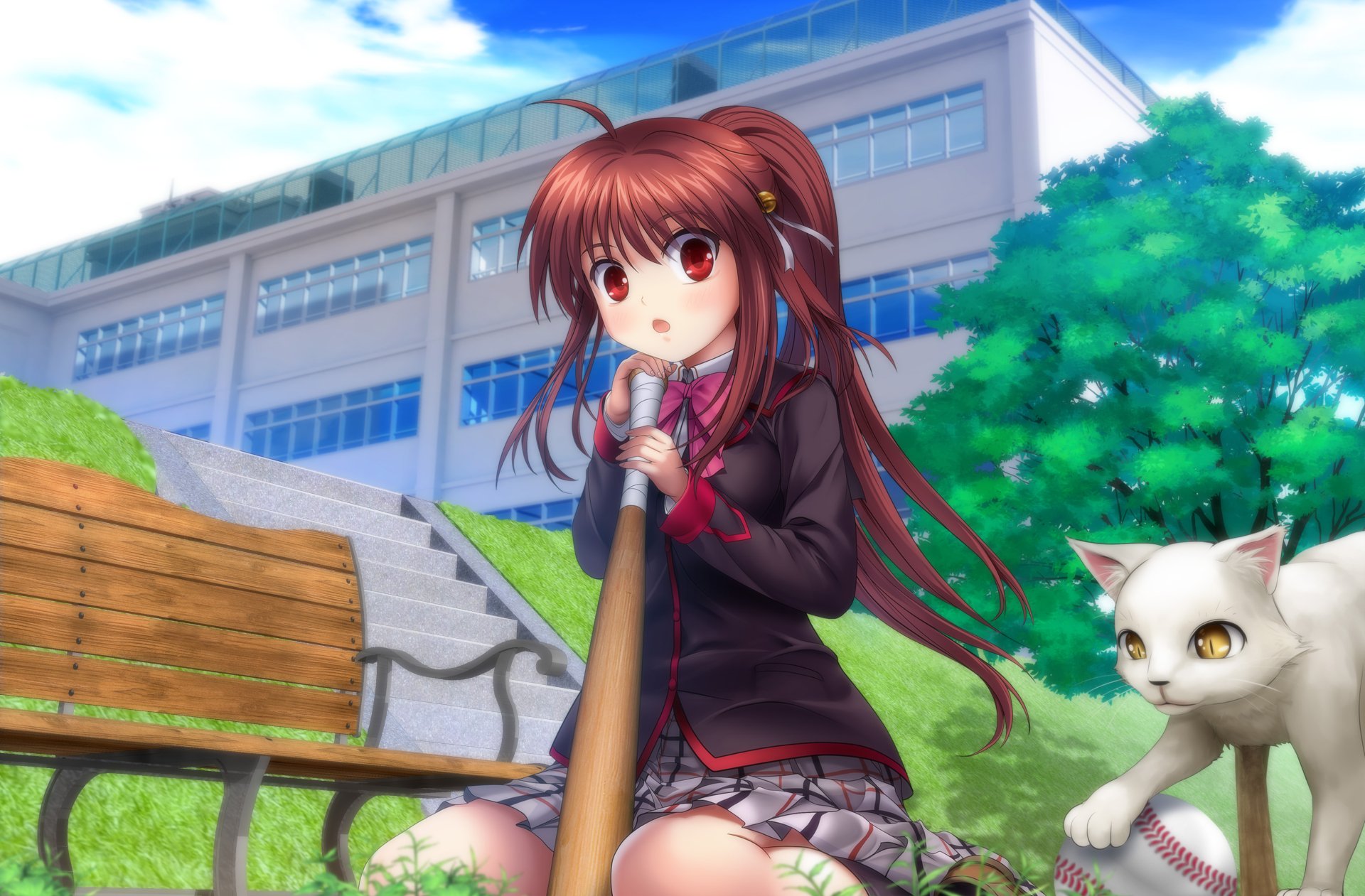 HD anime desktop wallpaper featuring a Little Busters! character with red hair holding a bat, seated near a bench and a white cat, set against a school backdrop.