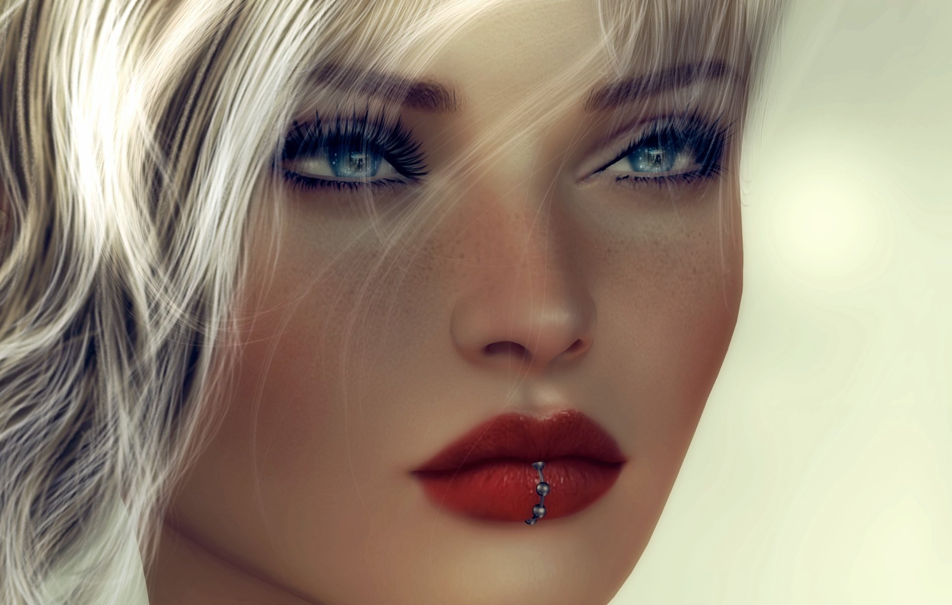Close-up artistic HD desktop wallpaper of a blonde woman with blue eyes, bold lipstick, and a distinctive facial piercing.