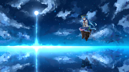 HD PC desktop wallpaper featuring Tenshi Hinanawi from the anime Touhou, depicted floating above a reflective water surface under a dramatic night sky.