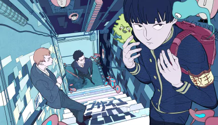 A vibrant HD wallpaper featuring Katsuya Serizawa, Shigeo Kageyama, and Arataka Reigen from the anime Mob Psycho 100, set against a dynamic stairway background.